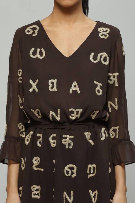 Abraham And Thakore Brown Relan Poly Georgette Bead And Sequin Work V Devanagari Embroidered Dress at Aza Fashions Abraham And Thakore_Brown Relan Poly Georgette Bead And Sequin Work V Devanagari Embroidered Dress_at_Aza_Fashions