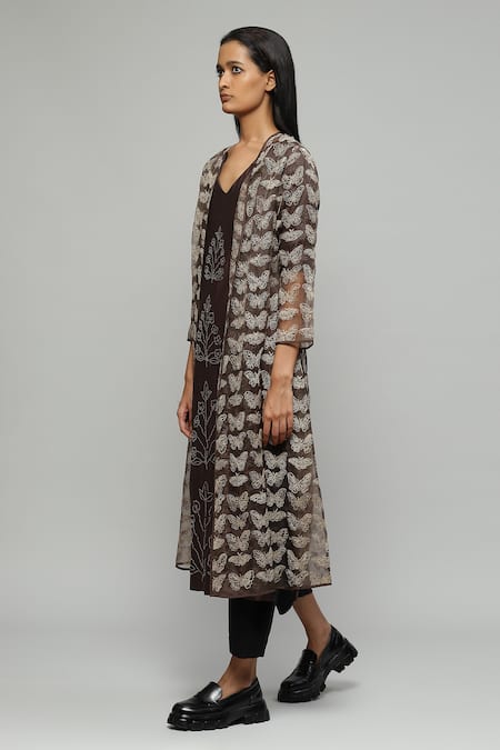 Abraham And Thakore_Brown Silk Organza Thread Work V Neck Butterfly Embroidered Jacket_Online_at_Aza_Fashions