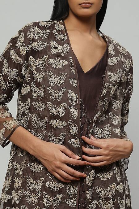 Shop_Abraham And Thakore_Brown Silk Organza Thread Work V Neck Butterfly Embroidered Jacket_Online_at_Aza_Fashions