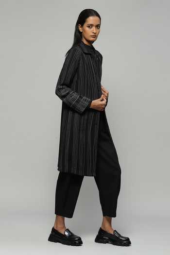 ABRAHAM AND THAKORE_Black Wool Crepe Thread Open Embroidered Jacket_Online_at_Aza_Fashions