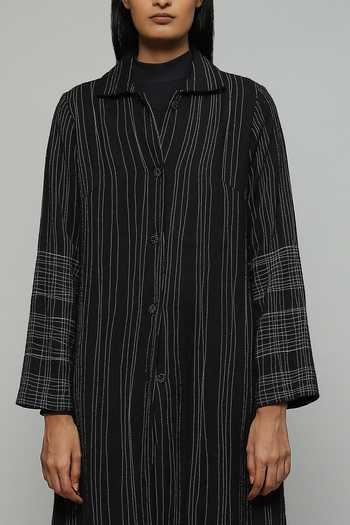 Shop_ABRAHAM AND THAKORE_Black Wool Crepe Thread Open Embroidered Jacket_Online_at_Aza_Fashions