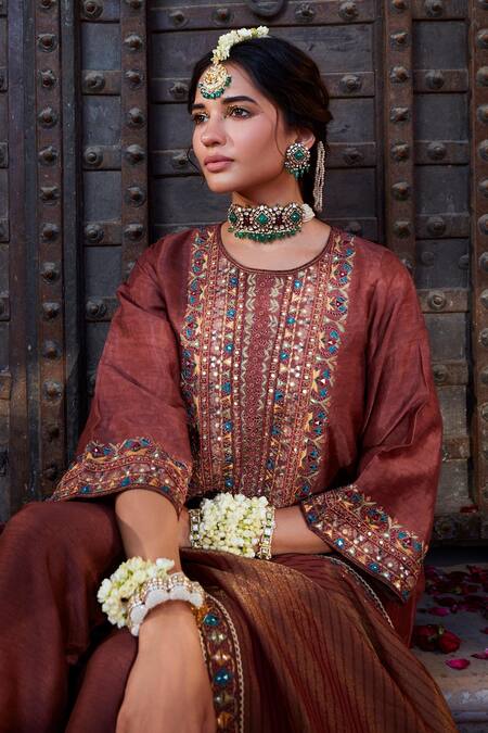 Shop_Kritika Dawar_Brown Linen, Silk, Tissue Embroidery, Tassels Thread And Mirror Kurta Pant Set _Online_at_Aza_Fashions