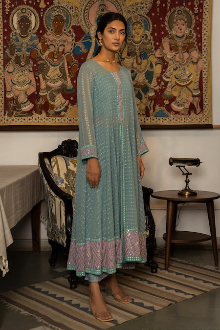 Surbhi Gupta_Blue Georgette Round Printed Anarkali And Pant Set  _Online_at_Aza_Fashions