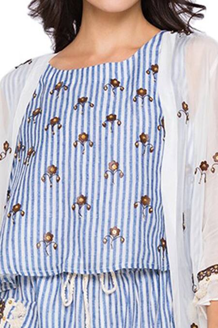 Shop_Soup By Sougat Paul_Blue Organza, Slub Georgette Round Jacket And Pant Set _Online_at_Aza_Fashions