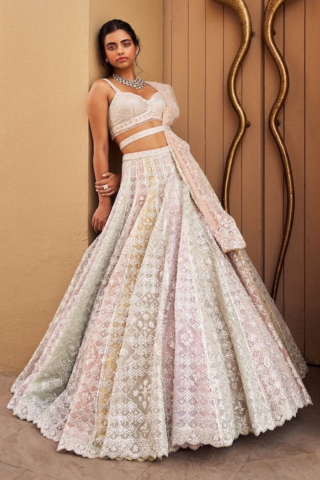 Buy Silver Lehenga And Blouse Organza Metallic Sequin Bridal Set For Women  by Angad Singh Online at Aza Fashions.