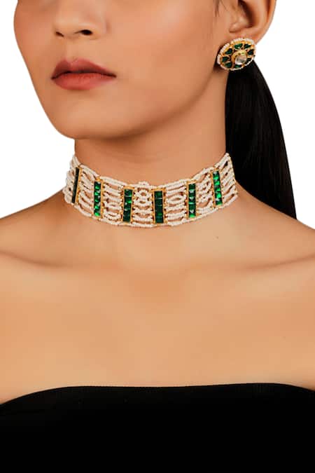 Namasya Gold Plated Pearls, Beads Kundan Choker Set 
