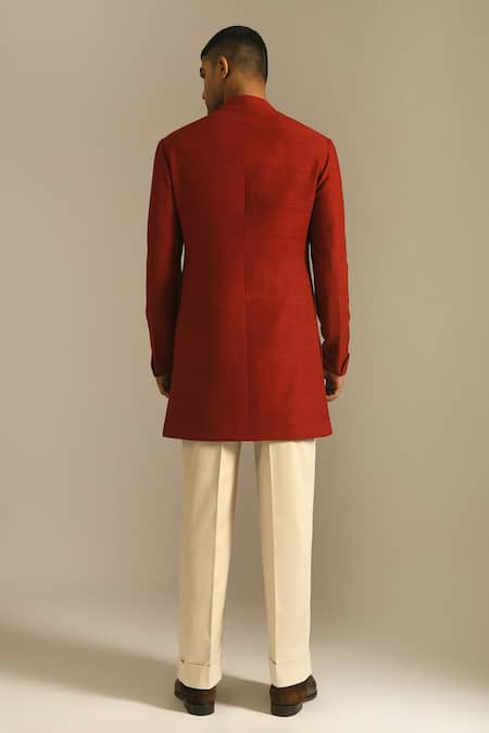 Shop Dhruv Vaish Red Silk Short Sherwani at Aza Fashions Shop_Dhruv Vaish_Red Silk Short Sherwani _at_Aza_Fashions