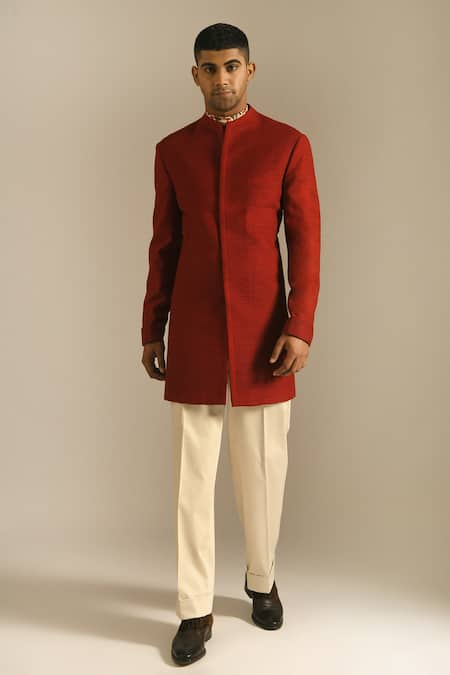 Dhruv Vaish Red Silk Short Sherwani Online at Aza Fashions Dhruv Vaish_Red Silk Short Sherwani _Online_at_Aza_Fashions