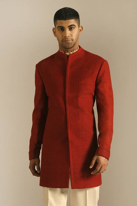 Buy Dhruv Vaish Red Silk Short Sherwani Online at Aza Fashions Buy_Dhruv Vaish_Red Silk Short Sherwani _Online_at_Aza_Fashions