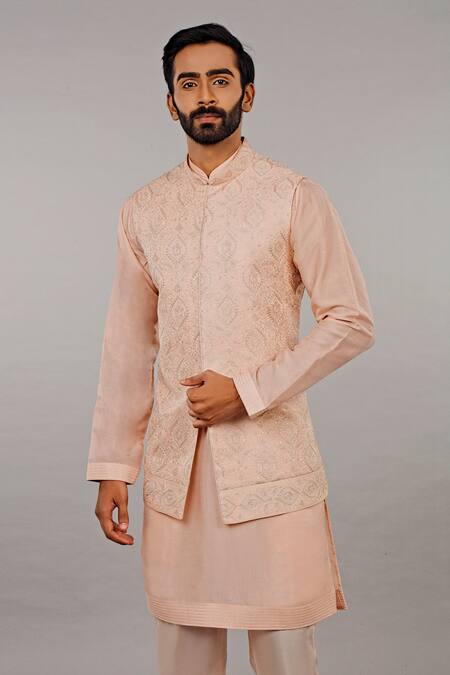Vanshik_Beige Embroidered Bundi And Kurta Set _Online_at_Aza_Fashions