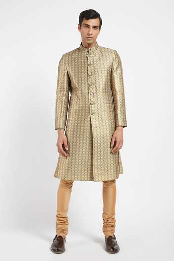 Rabani & Rakha_Gold Sherwani Dupion  Churidar Cotton Embroidered Set _Online_at_Aza_Fashions