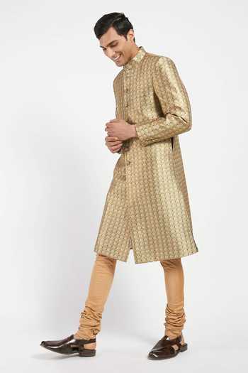 Buy_Rabani & Rakha_Gold Sherwani Dupion  Churidar Cotton Embroidered Set _Online_at_Aza_Fashions
