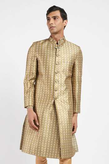 Shop_Rabani & Rakha_Gold Sherwani Dupion  Churidar Cotton Embroidered Set _Online_at_Aza_Fashions