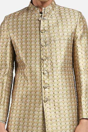 Rabani & Rakha_Gold Sherwani Dupion  Churidar Cotton Embroidered Set _at_Aza_Fashions