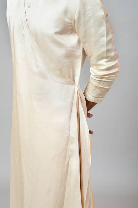 Buy_PAARSH_Gold Kurta Linen Satin Pajama Pant Malai Cotton Asymmetric Set _Online_at_Aza_Fashions