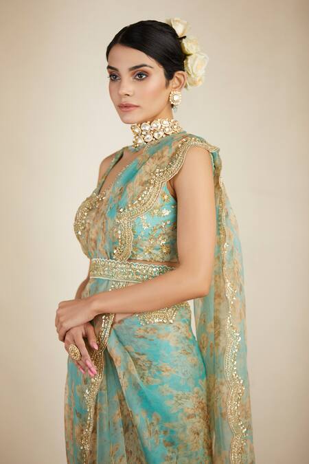 Buy_Astha Narang_Blue Organza, Crepe Floral Print Saree Set _Online_at_Aza_Fashions