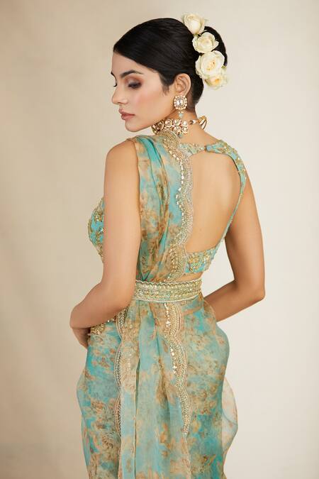 Shop_Astha Narang_Blue Organza, Crepe Floral Print Saree Set _Online_at_Aza_Fashions