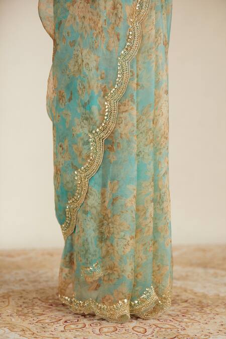 Astha Narang_Blue Organza, Crepe Floral Print Saree Set _at_Aza_Fashions