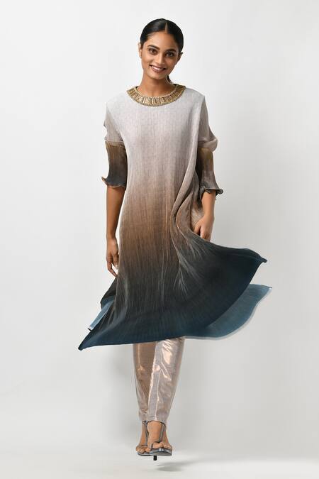 Shop_Kiran Uttam Ghosh_Multi Color Pleated Polyester Round Asymmetric Kaftan Tunic _Online_at_Aza_Fashions