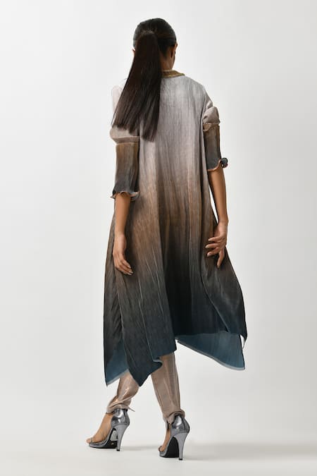 Shop_Kiran Uttam Ghosh_Multi Color Pleated Polyester Round Asymmetric Kaftan Tunic _at_Aza_Fashions