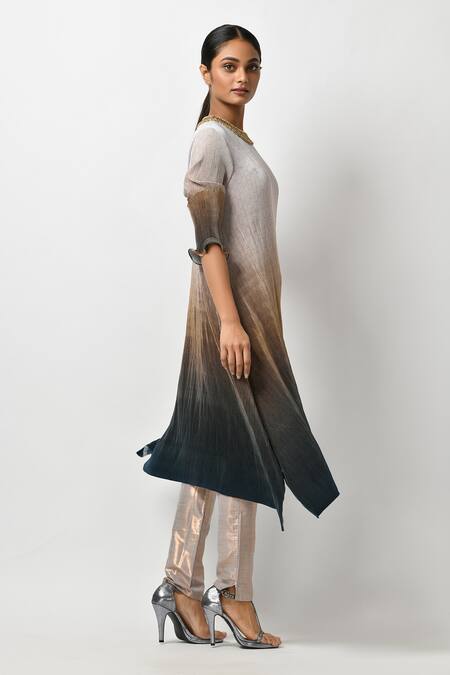 Kiran Uttam Ghosh_Multi Color Pleated Polyester Round Asymmetric Kaftan Tunic _Online_at_Aza_Fashions