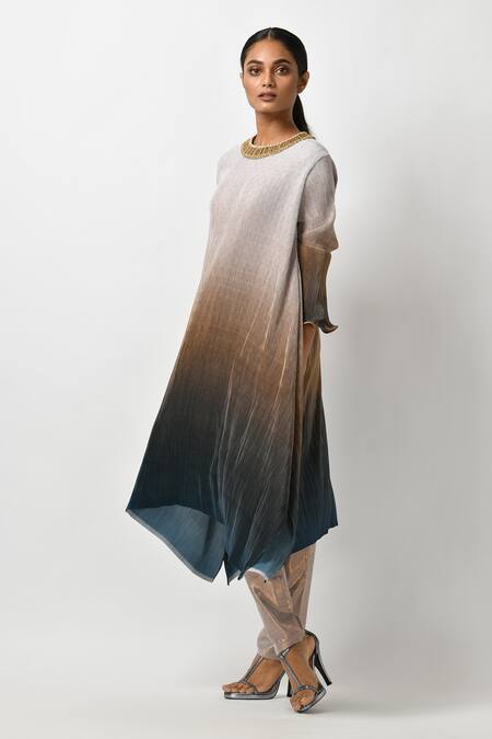 Buy_Kiran Uttam Ghosh_Multi Color Pleated Polyester Round Asymmetric Kaftan Tunic _Online_at_Aza_Fashions