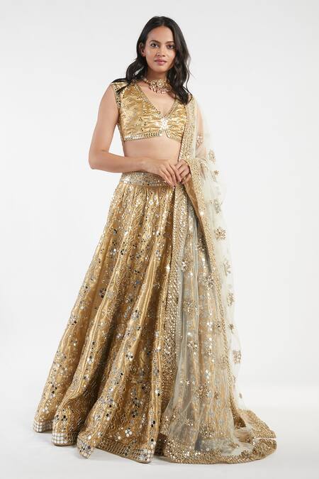 Buy_Abhinav Mishra_Gold Lehenga And Blouse Tissue Dupatta Net V Mirror Embellished Bridal Set_Online_at_Aza_Fashions