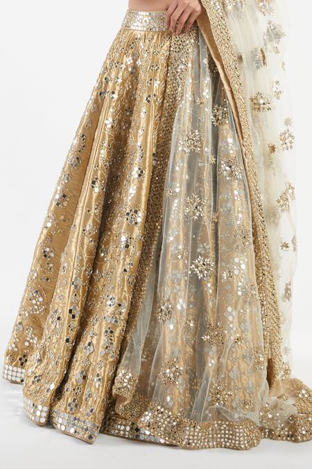 Shop_Abhinav Mishra_Gold Lehenga And Blouse Tissue Dupatta Net V Mirror Embellished Bridal Set_Online_at_Aza_Fashions