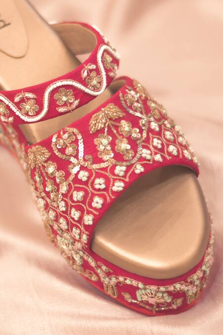 Around Always_Pink Embroidery, Zari Naaz Peacock Platform Wedges_Online_at_Aza_Fashions