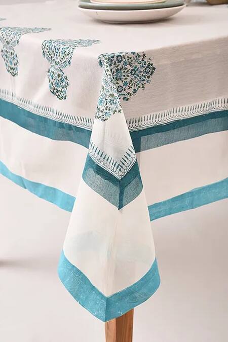 Inheritance India Blue Cotton Hand Block Print Paisley Table Cover Online at Aza Fashions Inheritance India_Blue Cotton Hand Block Print Paisley Table Cover_Online_at_Aza_Fashions