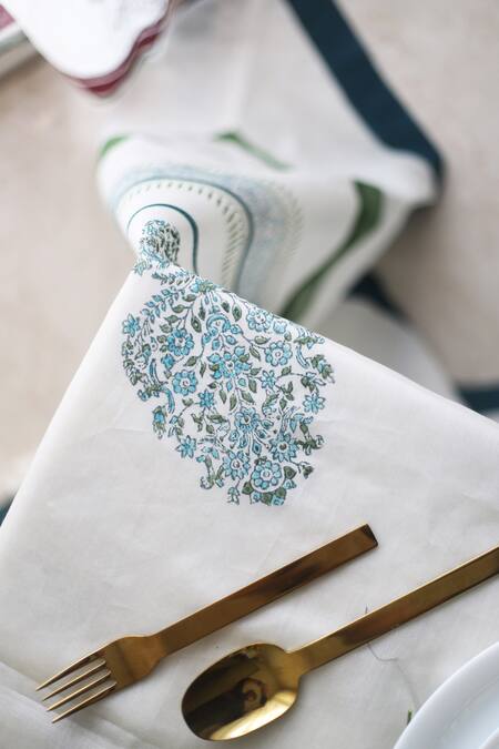 Buy_Inheritance India_Blue Cotton Hand Block Print Paisley Table Cover_Online_at_Aza_Fashions