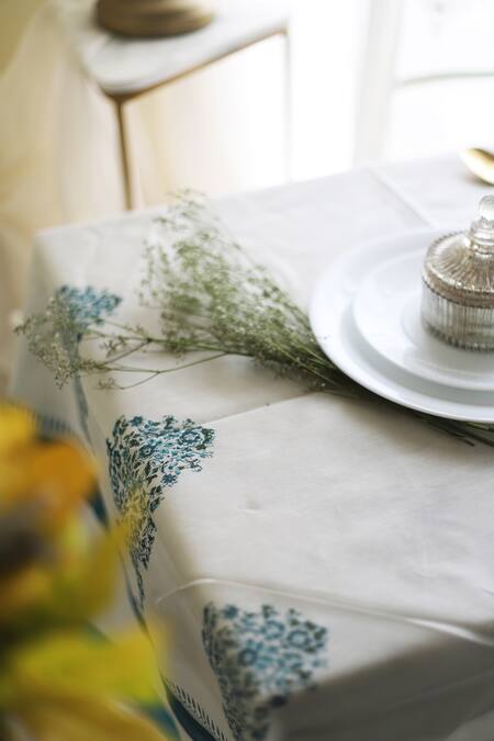 Shop_Inheritance India_Blue Cotton Hand Block Print Paisley Table Cover_Online_at_Aza_Fashions
