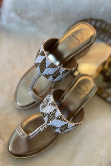 Shop Modanta Footwear Gold Embroidery Cutdana Kolhapuri Wedges at Aza Fashions Shop_Modanta Footwear_Gold Embroidery Cutdana Kolhapuri Wedges _at_Aza_Fashions