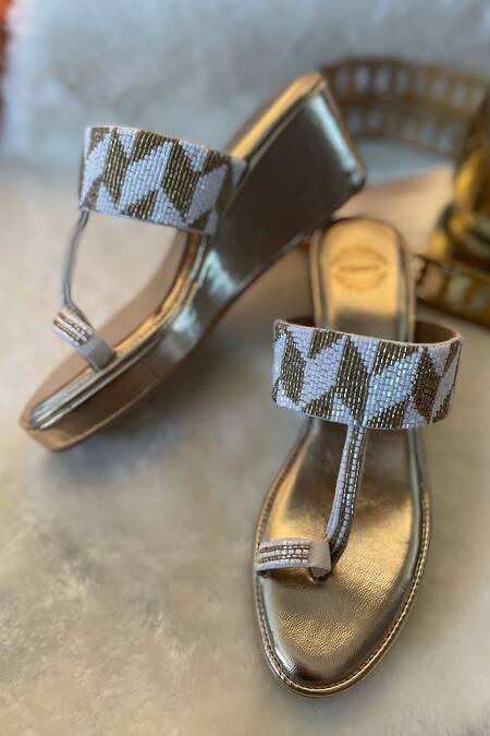 Modanta Footwear Gold Embroidery Cutdana Kolhapuri Wedges Online at Aza Fashions Modanta Footwear_Gold Embroidery Cutdana Kolhapuri Wedges _Online_at_Aza_Fashions
