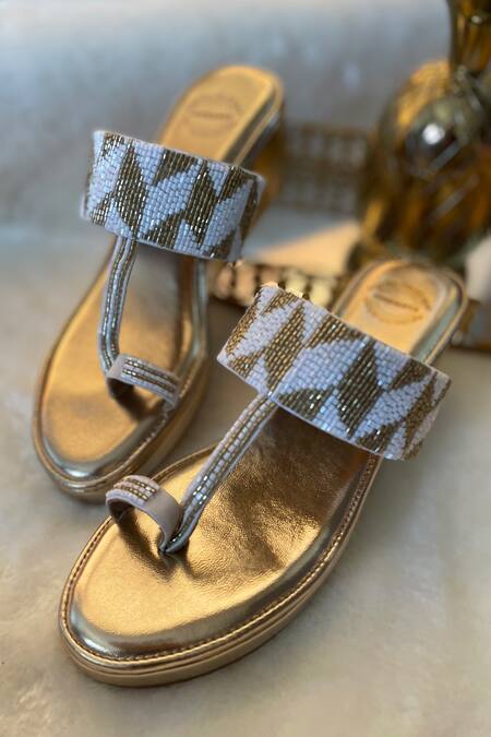 Buy Modanta Footwear Gold Embroidery Cutdana Kolhapuri Wedges Online at Aza Fashions Buy_Modanta Footwear_Gold Embroidery Cutdana Kolhapuri Wedges _Online_at_Aza_Fashions