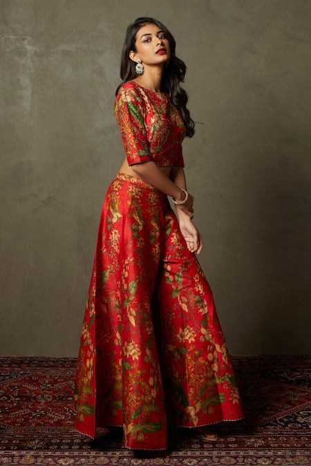 RI.Ritu Kumar_Red Polyester Dupion Floral Pattern Boat Top And Palazzo Set _Online_at_Aza_Fashions