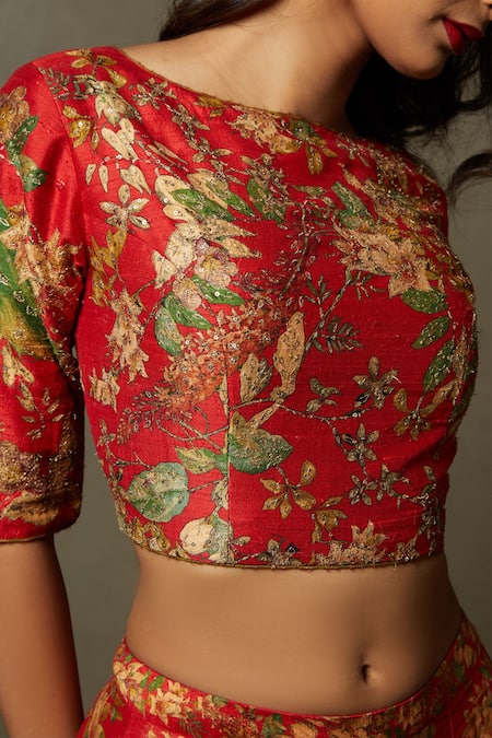 Shop_RI.Ritu Kumar_Red Polyester Dupion Floral Pattern Boat Top And Palazzo Set _Online_at_Aza_Fashions