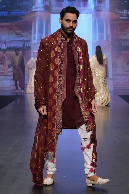 Soniya G_Wine Velvet Bead Work, Zardozi Floral Embroidered Sherwani Set _Online_at_Aza_Fashions