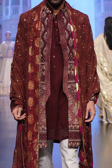 Buy_Soniya G_Wine Velvet Bead Work, Zardozi Floral Embroidered Sherwani Set _Online_at_Aza_Fashions