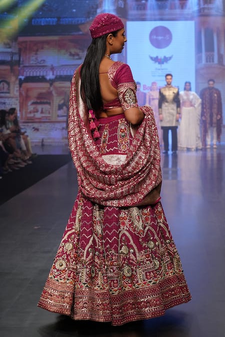 Shop_Soniya G_Coral Pure Silk Blend Aari Work, V Neck Embroidered Bridal Lehenga Set _at_Aza_Fashions
