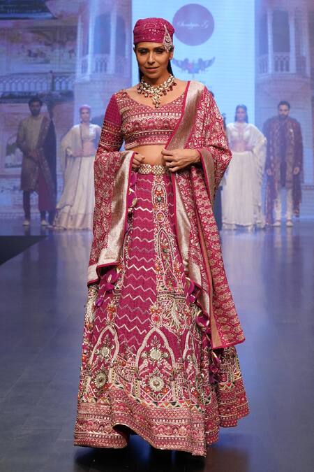 Soniya G_Coral Pure Silk Blend Aari Work, V Neck Embroidered Bridal Lehenga Set _Online_at_Aza_Fashions