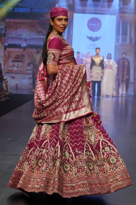 Soniya G_Coral Pure Silk Blend Aari Work, V Neck Embroidered Bridal Lehenga Set _at_Aza_Fashions