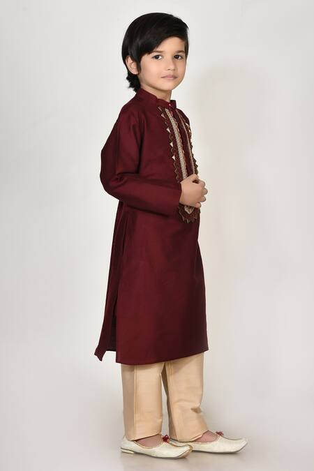 Petite Pomme Maroon Cotton, Silk Embroidery, Gota Patti Kurta And Pant Set Online at Aza Fashions Petite Pomme_Maroon Cotton, Silk Embroidery, Gota Patti Kurta And Pant Set _Online_at_Aza_Fashions