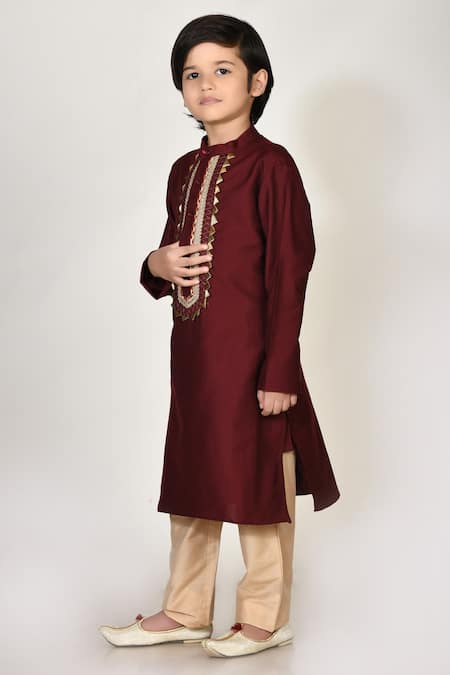 Buy Petite Pomme Maroon Cotton, Silk Embroidery, Gota Patti Kurta And Pant Set Online at Aza Fashions Buy_Petite Pomme_Maroon Cotton, Silk Embroidery, Gota Patti Kurta And Pant Set _Online_at_Aza_Fashions