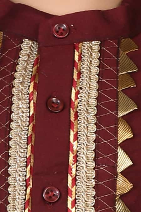 Petite Pomme Maroon Cotton, Silk Embroidery, Gota Patti Kurta And Pant Set at Aza Fashions Petite Pomme_Maroon Cotton, Silk Embroidery, Gota Patti Kurta And Pant Set _at_Aza_Fashions