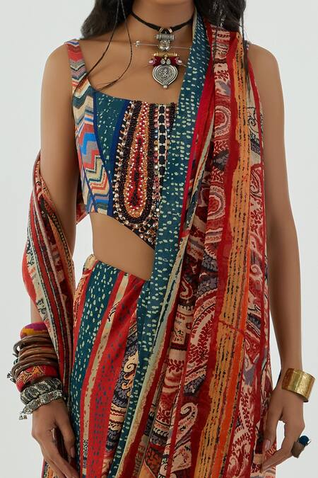 Aseem Kapoor Multi Color Organza Tassels Sadhvi Paisley Print Dhoti Saree Online at Aza Fashions Aseem Kapoor_Multi Color Organza Tassels Sadhvi Paisley Print Dhoti Saree_Online_at_Aza_Fashions