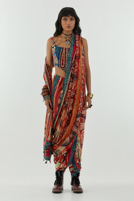 Buy Aseem Kapoor Multi Color Organza Tassels Sadhvi Paisley Print Dhoti Saree Online at Aza Fashions Buy_Aseem Kapoor_Multi Color Organza Tassels Sadhvi Paisley Print Dhoti Saree_Online_at_Aza_Fashions