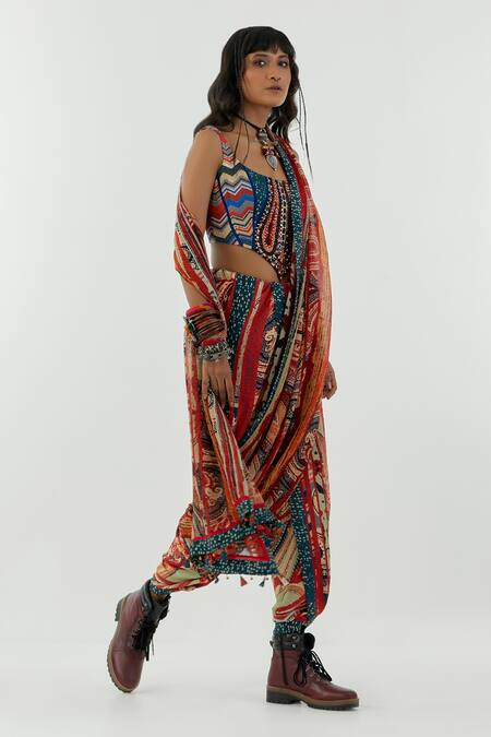 Shop Aseem Kapoor Multi Color Organza Tassels Sadhvi Paisley Print Dhoti Saree Online at Aza Fashions Shop_Aseem Kapoor_Multi Color Organza Tassels Sadhvi Paisley Print Dhoti Saree_Online_at_Aza_Fashions