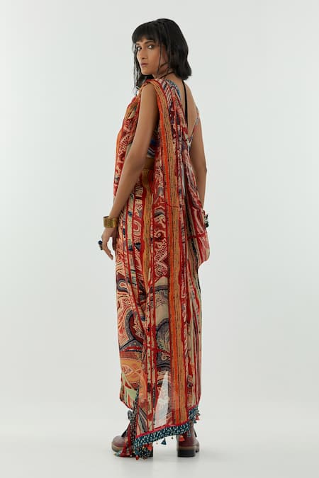 Aseem Kapoor Multi Color Organza Tassels Sadhvi Paisley Print Dhoti Saree at Aza Fashions Aseem Kapoor_Multi Color Organza Tassels Sadhvi Paisley Print Dhoti Saree_at_Aza_Fashions