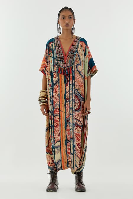 Aseem Kapoor_Multi Color Crepe V-neck Vayu Printed Kaftan Jumpsuit _Online_at_Aza_Fashions